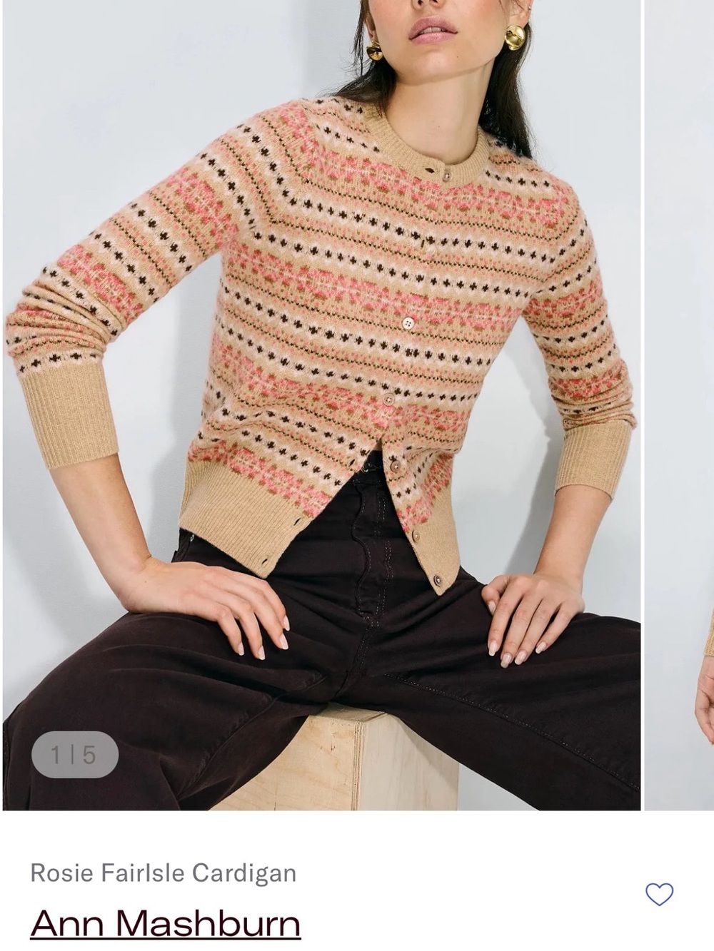 ANN MASHBURN Pink & Beige Fair Isle Crewneck Cardigan